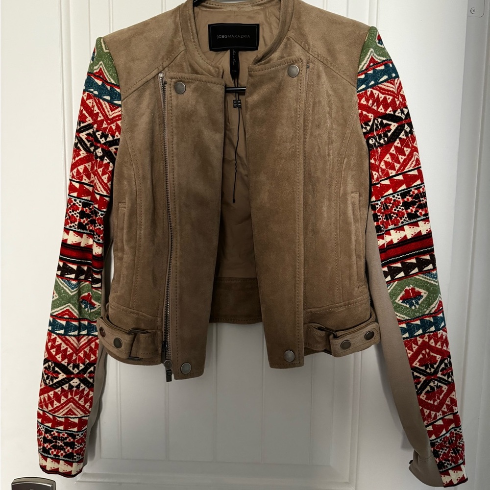 BCBG Tan Bomber Jacket with Colorful Patterned Sleeves
